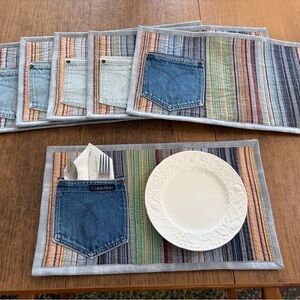 6 Re-purposed Denim Pocket Quilted Placemats reversible